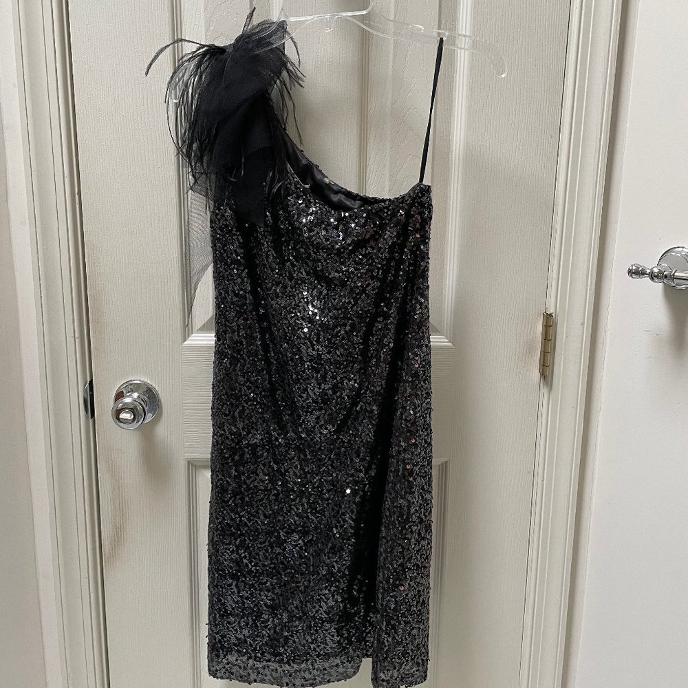 NWT T Tahari Black Sequin One Shoulder Dress Size 2